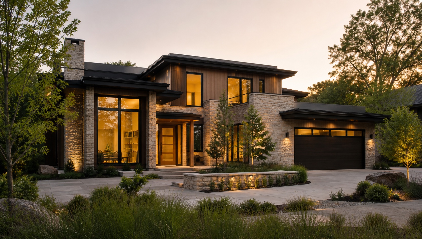 Modern custom home with stone, wood, and warm interior lighting